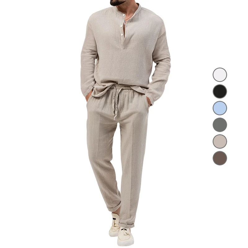 Herren Lässiges Zweiteiliges Lounge-Set aus Baumwoll-Gauze mit Henley-Oberteil und Tunnelzug-Hose Nord Taschen