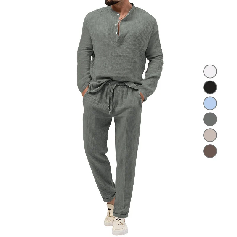 Herren Lässiges Zweiteiliges Lounge-Set aus Baumwoll-Gauze mit Henley-Oberteil und Tunnelzug-Hose Nord Taschen