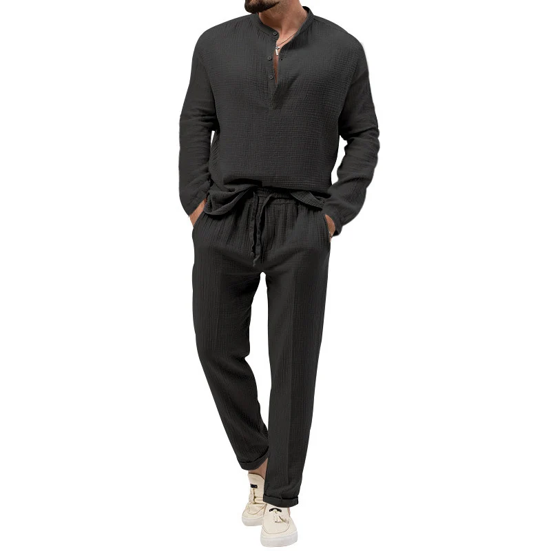 Herren Lässiges Zweiteiliges Lounge-Set aus Baumwoll-Gauze mit Henley-Oberteil und Tunnelzug-Hose Nord Taschen