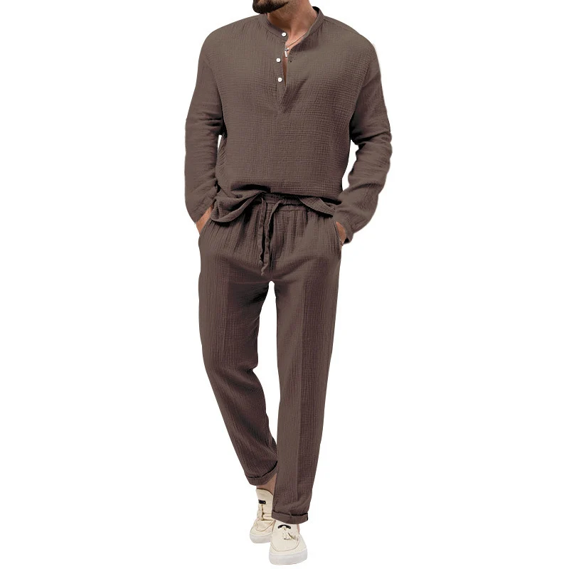 Herren Lässiges Zweiteiliges Lounge-Set aus Baumwoll-Gauze mit Henley-Oberteil und Tunnelzug-Hose Nord Taschen