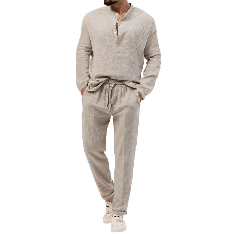 Herren Lässiges Zweiteiliges Lounge-Set aus Baumwoll-Gauze mit Henley-Oberteil und Tunnelzug-Hose Nord Taschen