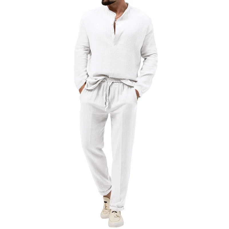 Herren Lässiges Zweiteiliges Lounge-Set aus Baumwoll-Gauze mit Henley-Oberteil und Tunnelzug-Hose Nord Taschen