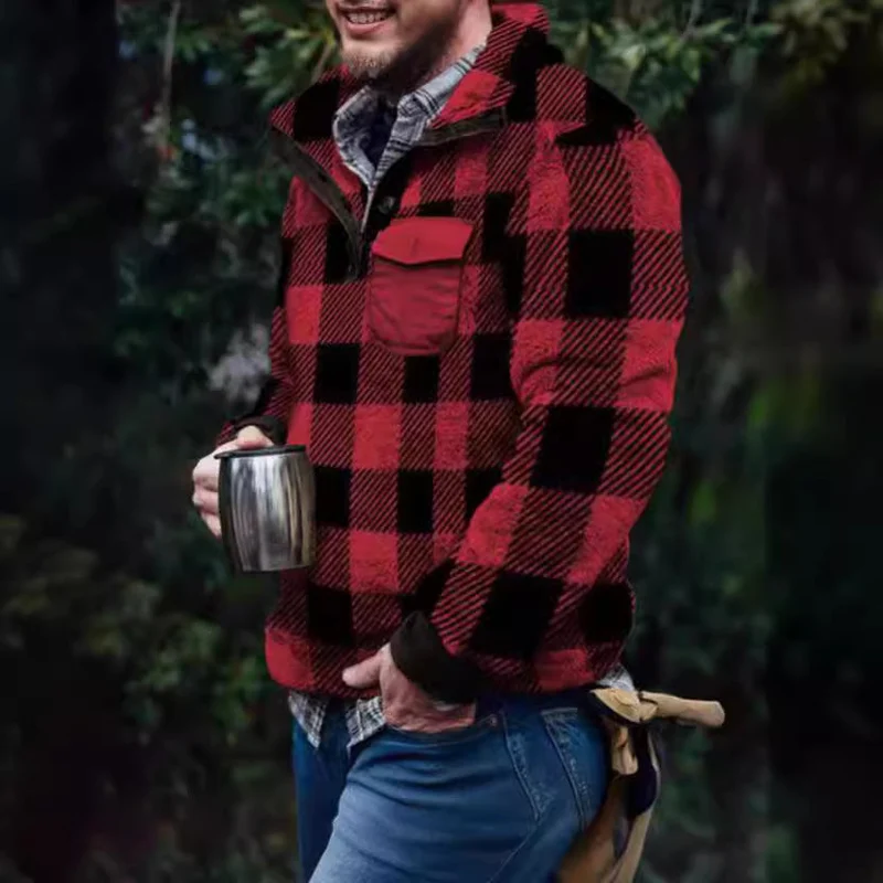 Herren Fleece-Pullover mit Karomuster und Hohem Kragen Avellé