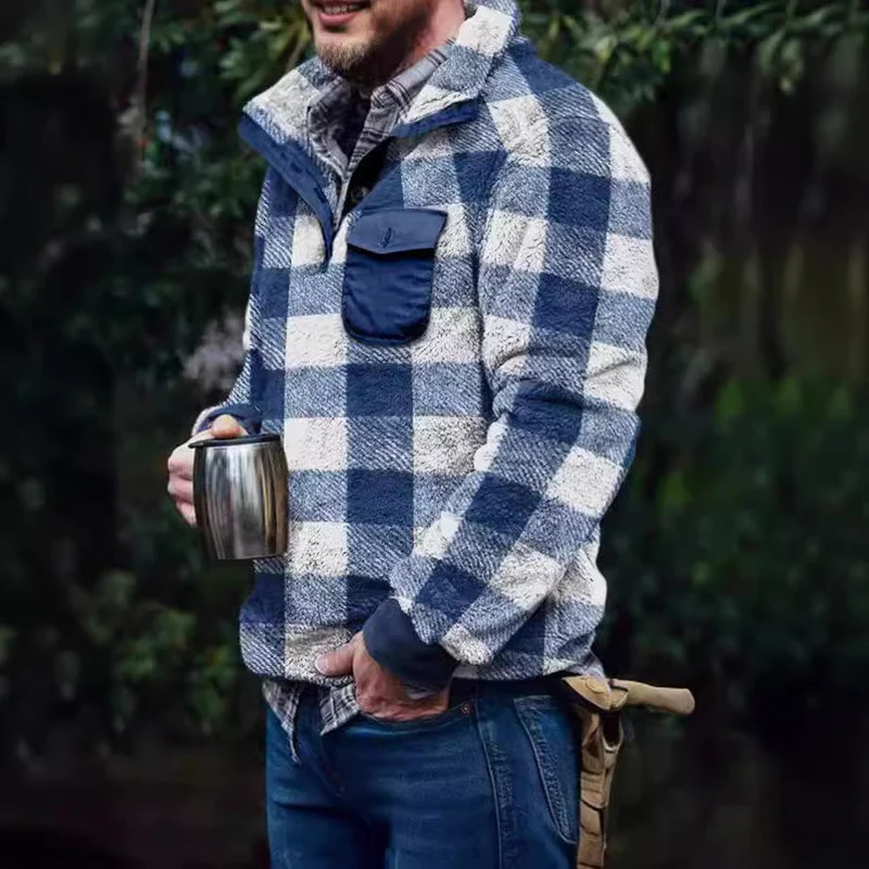 Herren Fleece-Pullover mit Karomuster und Hohem Kragen Avellé