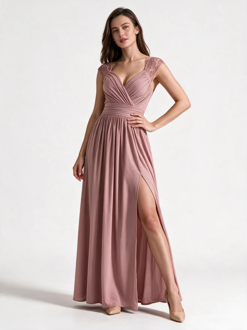 Damen Abendkleid mit Elegantem V-Ausschnitt und Rüschendetails - Vittorelli