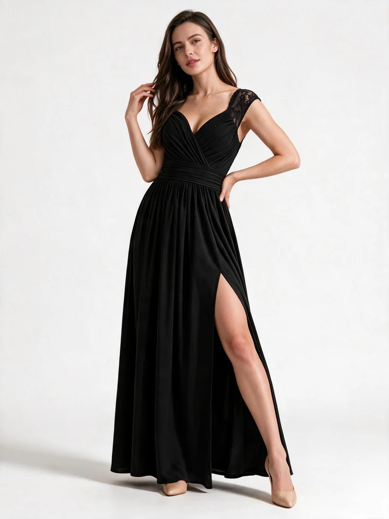Damen Abendkleid mit Elegantem V-Ausschnitt und Rüschendetails - Vittorelli