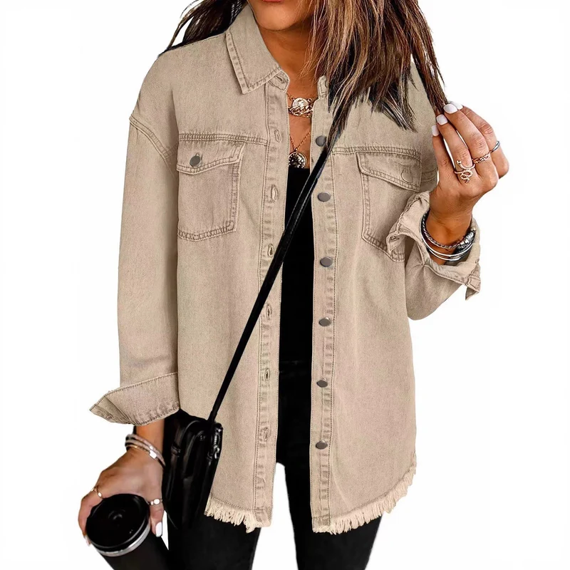Damen Denim Overshirt mit fransigem Saum und Brusttaschen Avellé