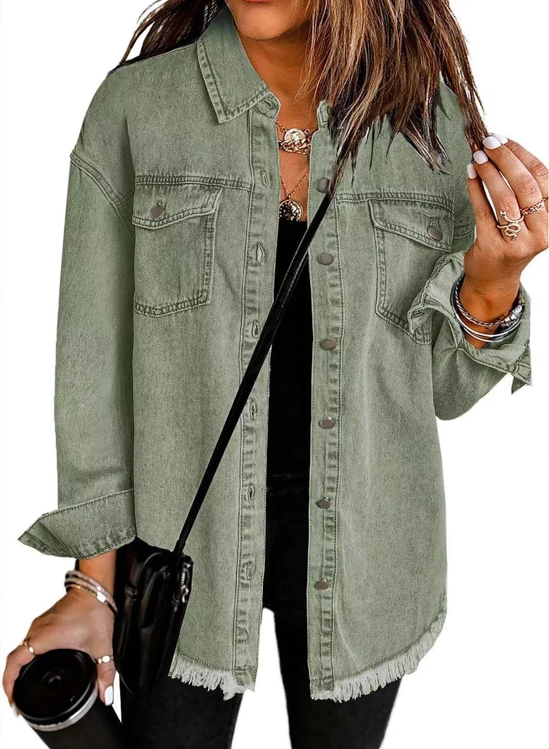 Damen Denim Overshirt mit fransigem Saum und Brusttaschen Avellé