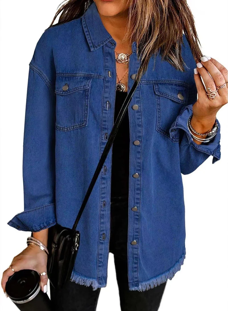Damen Denim Overshirt mit fransigem Saum und Brusttaschen Avellé