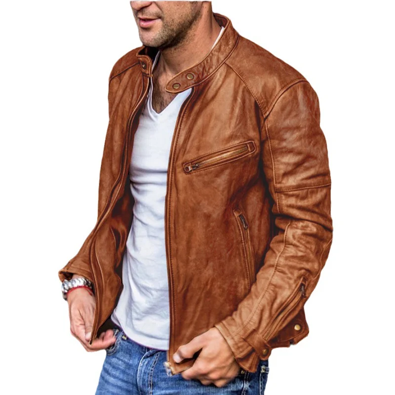 Herren Biker-Lederjacke aus gewaschenem Vollleder mit Stehkragen Nord Taschen