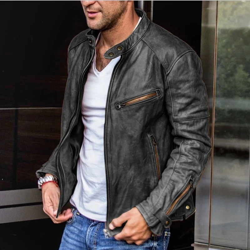 Herren Biker-Lederjacke aus gewaschenem Vollleder mit Stehkragen Nord Taschen