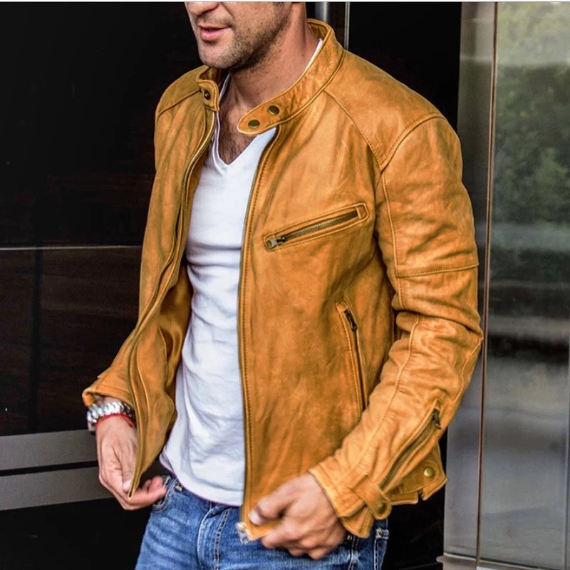 Herren Biker-Lederjacke aus gewaschenem Vollleder mit Stehkragen Nord Taschen
