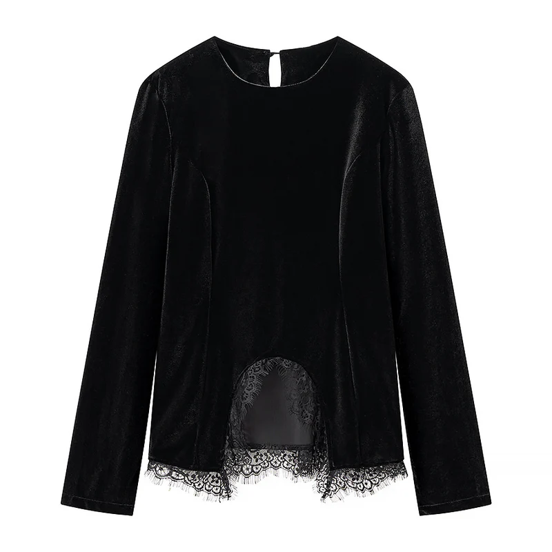 Damen Elegantes Samt-Longsleeve mit Spitzenbesatz und halbkreisförmigem Vorderschlitz Nord Taschen