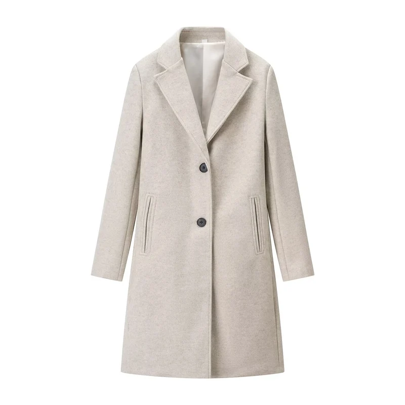 Damen Eleganter Longline-Wollmixmantel mit Reverskragen und Leistentaschen Nord Taschen