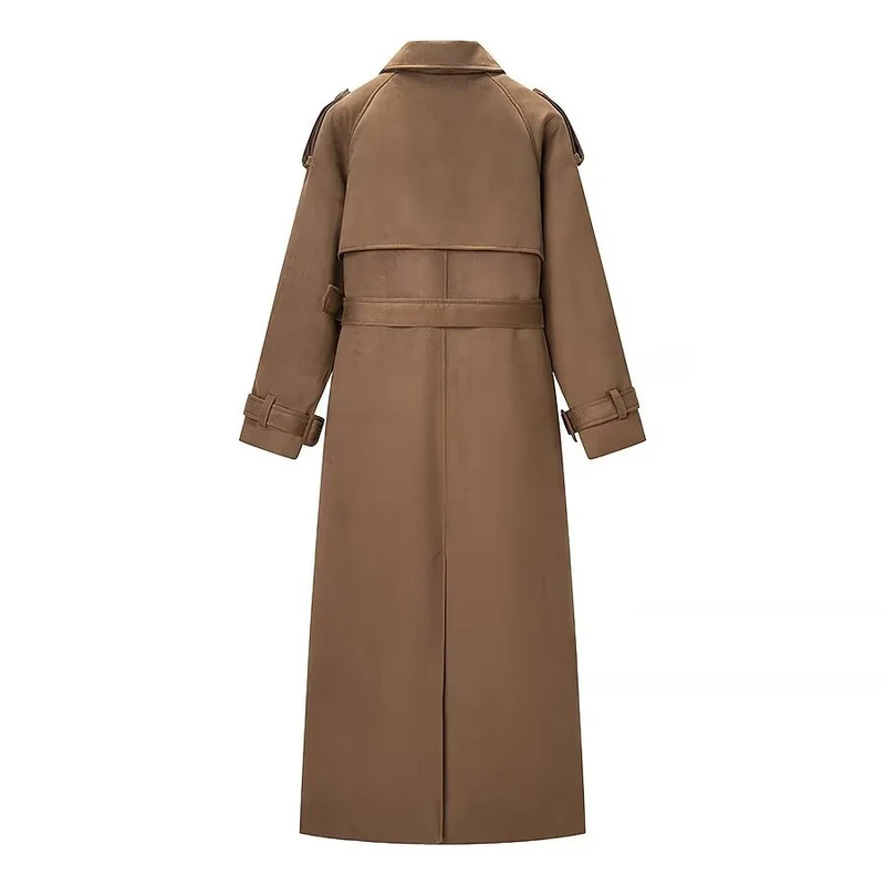 Damen Eleganter langer Taillentrenchcoat mit doppelreihiger Knopfleiste und ausgestelltem Saum Nord Taschen