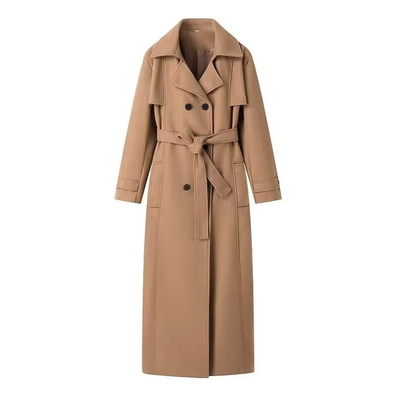Damen Doppelreihiger Maxilanger Trenchcoat mit Bindegürtel und Cape-Überwurf Nord Taschen