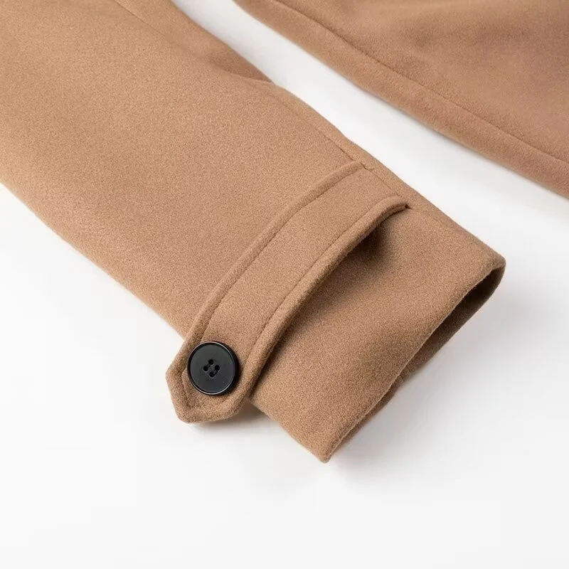 Damen Doppelreihiger Maxilanger Trenchcoat mit Bindegürtel und Cape-Überwurf Nord Taschen