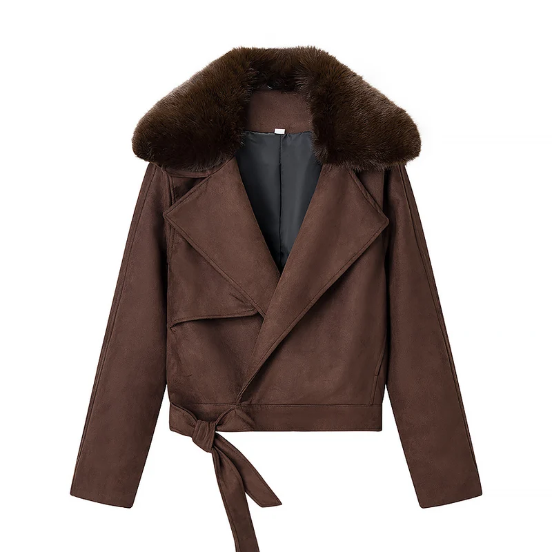 Damen Cropped-Motorjacke aus Wildlederoptik mit voluminösem Teddykragen Nord Taschen