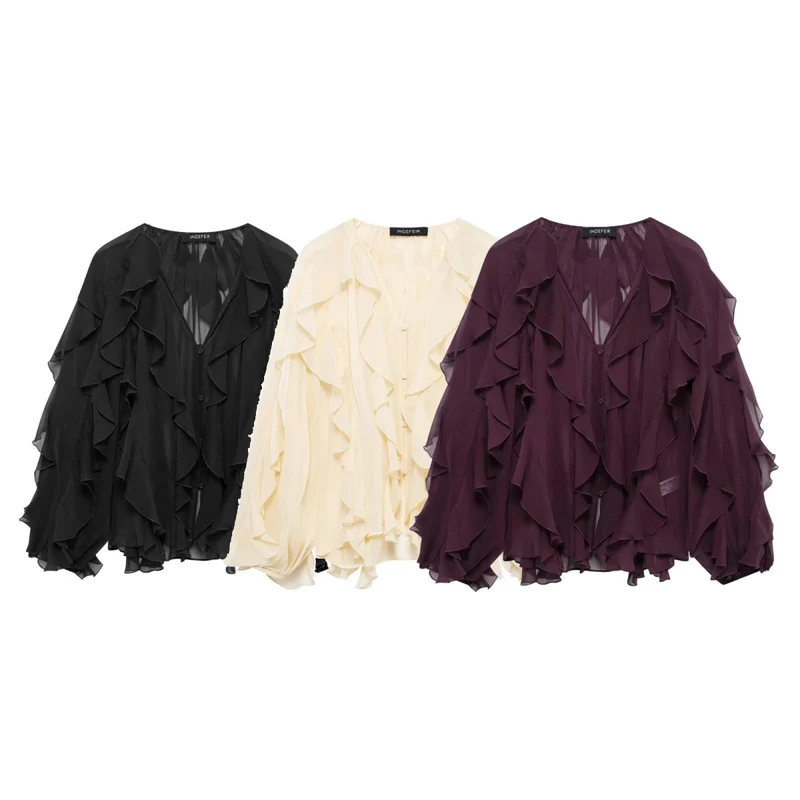 Damen Chiffon-Bluse mit vielfachen Volant-Rüschen und Knopfleiste Nord Taschen