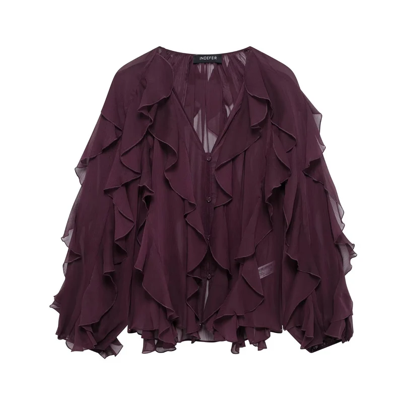 Damen Chiffon-Bluse mit vielfachen Volant-Rüschen und Knopfleiste Nord Taschen