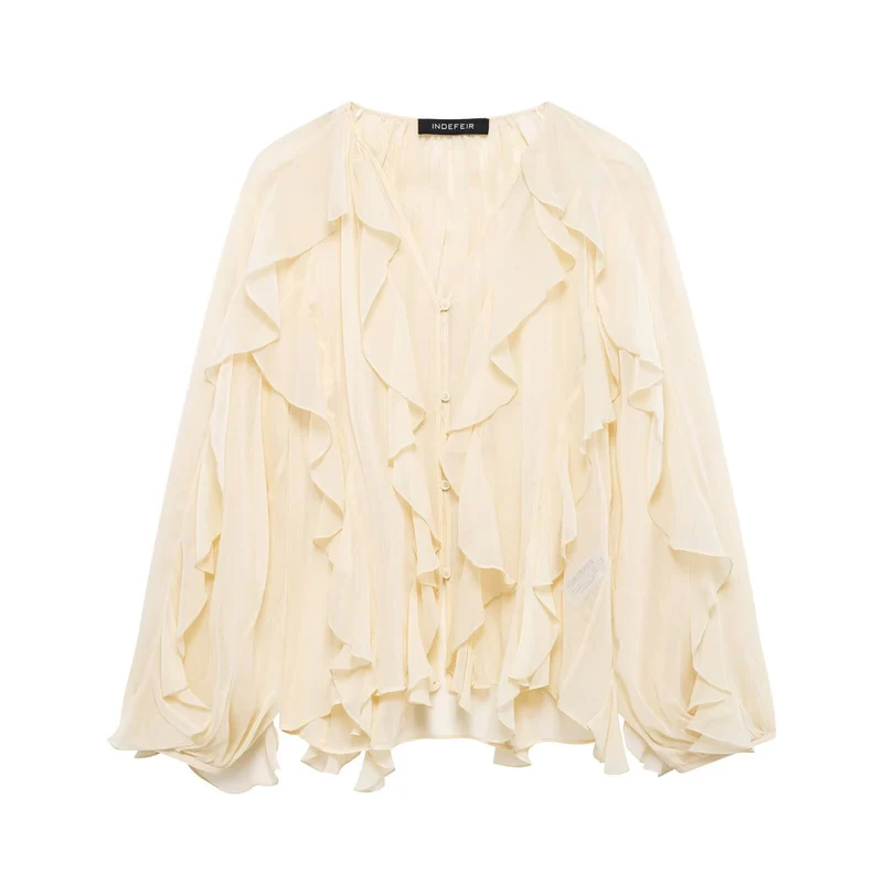 Damen Chiffon-Bluse mit vielfachen Volant-Rüschen und Knopfleiste Nord Taschen