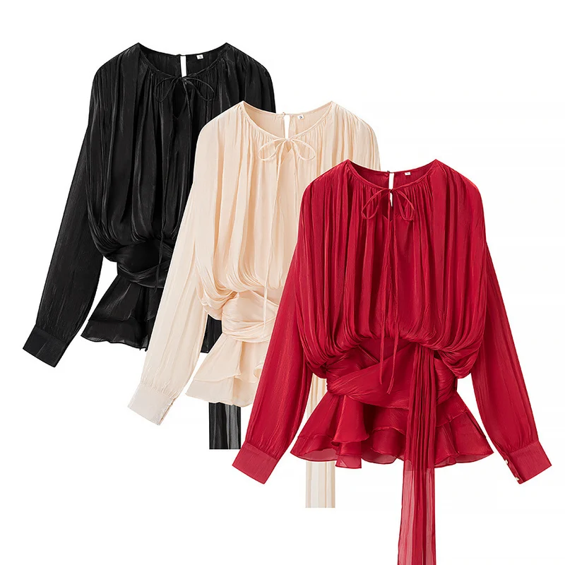Damen Chiffon-Bluse mit drapierter Korsagen-Optik, Volant‑Peplum und Bindegürtel Nord Taschen