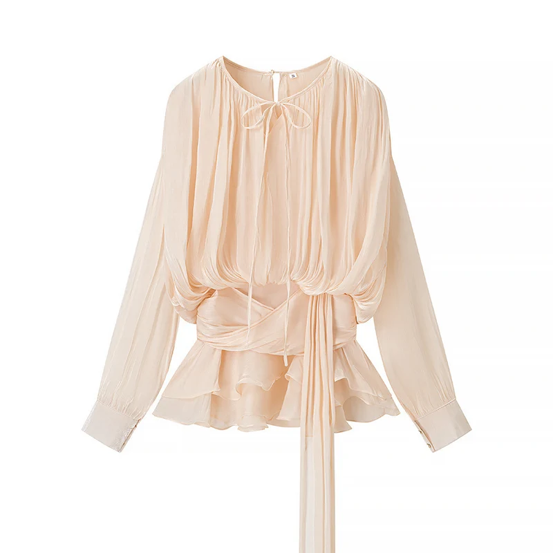 Damen Chiffon-Bluse mit drapierter Korsagen-Optik, Volant‑Peplum und Bindegürtel Nord Taschen
