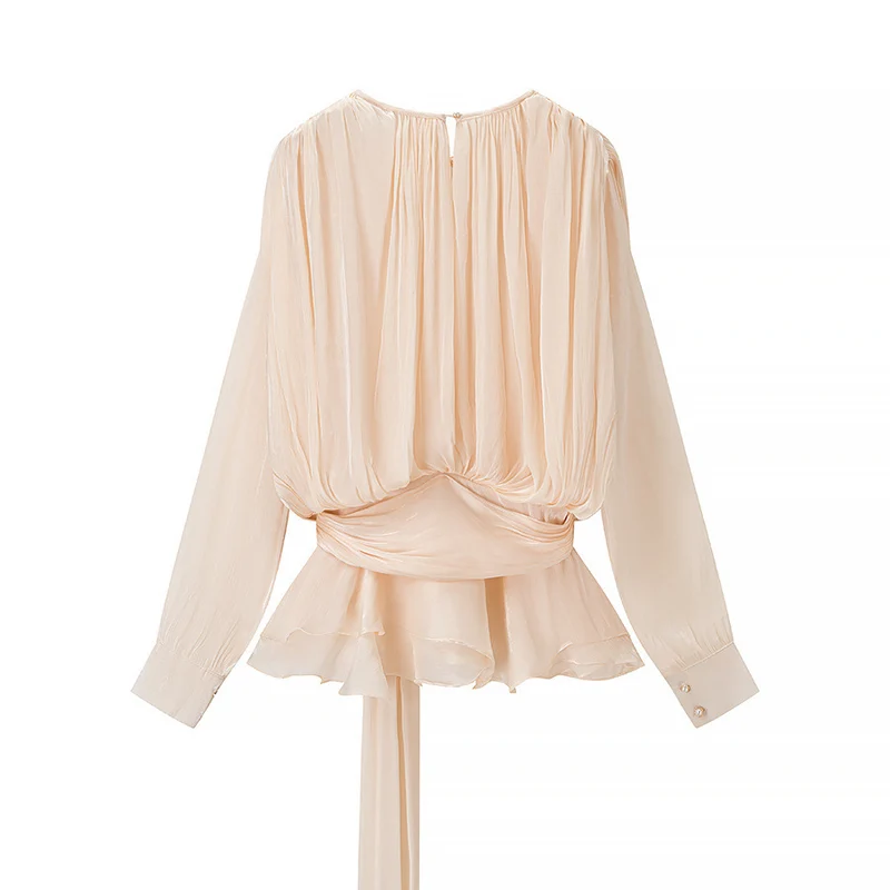 Damen Chiffon-Bluse mit drapierter Korsagen-Optik, Volant‑Peplum und Bindegürtel Nord Taschen