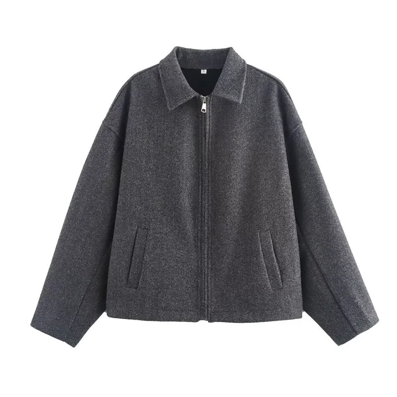 Damen Boxy Wollmix-Bomberjacke mit Hemdkragen, verdecktem Reißverschluss und Eingrifftaschen Nord Taschen