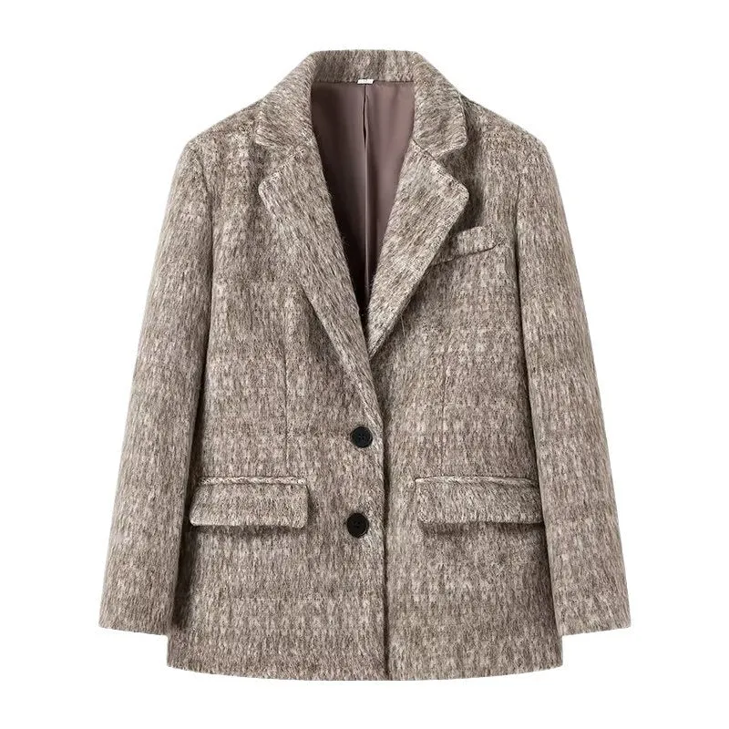 Damen Boxy Wollmix-Blazer-Mantel mit Bouclé‑Struktur, Reverskragen und Pattentaschen Nord Taschen