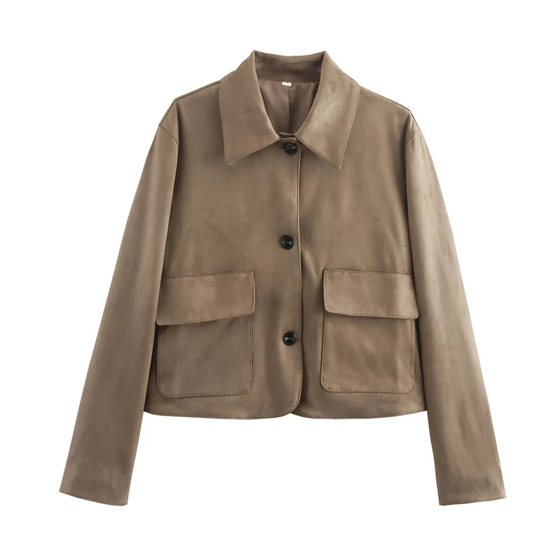 Damen Boxy-Kurzjacke aus Wildlederoptik mit Hemdkragen und aufgesetzten Pattentaschen Nord Taschen