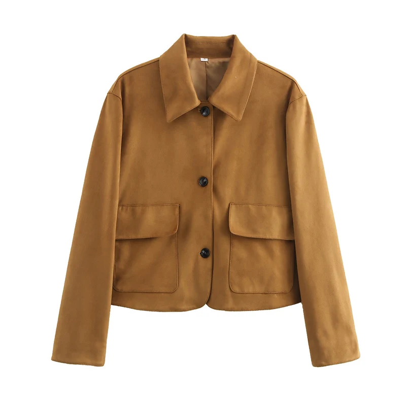 Damen Boxy-Kurzjacke aus Wildlederoptik mit Hemdkragen und aufgesetzten Pattentaschen Nord Taschen