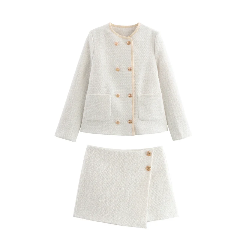 Damen Bouclé‑Tweed‑Kurzjacke mit goldknöpfen, Rundhals und aufgesetzten Taschen Nord Taschen