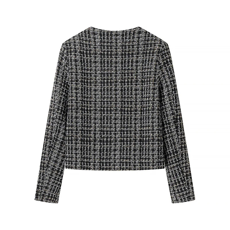 Damen Bouclé-Tweed-Jacke mit Rundhalsausschnitt, goldenen Zierknöpfen und aufgesetzten Taschen Nord Taschen