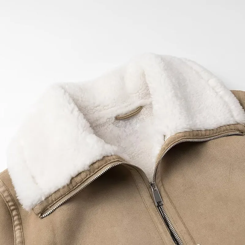 Damen Bomberjacke aus Veloursimitat mit Teddyfutter und großem Schalkragen Nord Taschen
