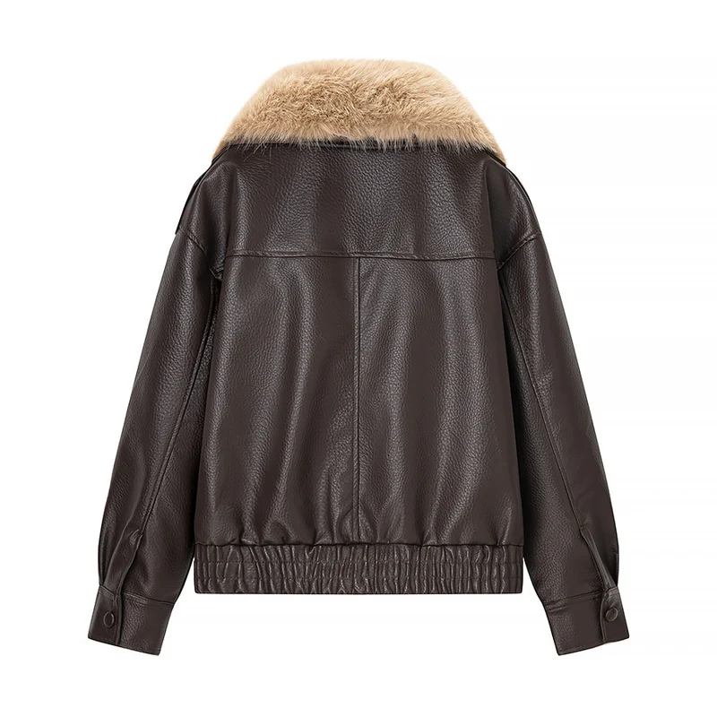 Damen Bomberjacke aus Lederoptik mit voluminösem Fellkragen Nord Taschen