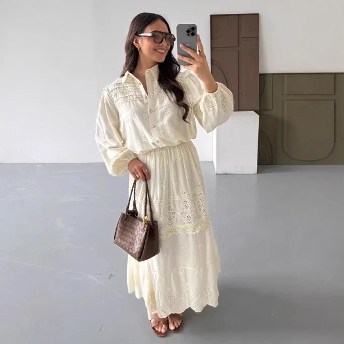 Damen Boho‑Maxikleid mit Stickereien, Spitzenbesatz, elastischer Taille und Hemdkragen Nord Taschen