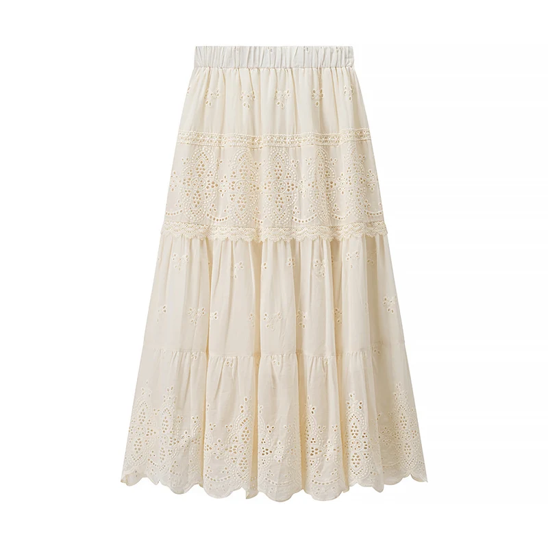 Damen Boho‑Maxikleid mit Stickereien, Spitzenbesatz, elastischer Taille und Hemdkragen Nord Taschen