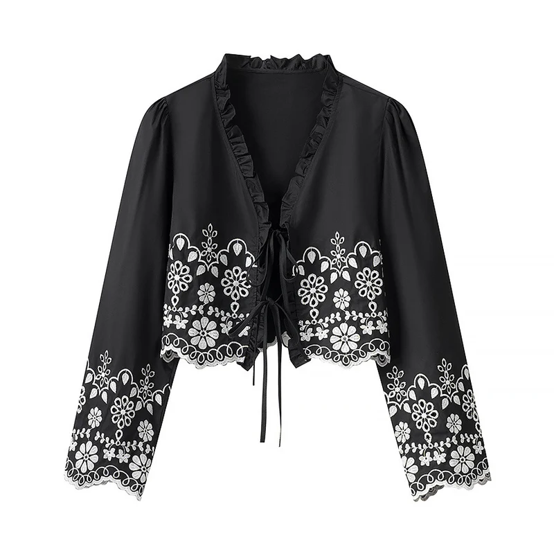 Damen Besticktes Kurzbolero mit Rüschen-V-Ausschnitt und Schnürverschluss Nord Taschen