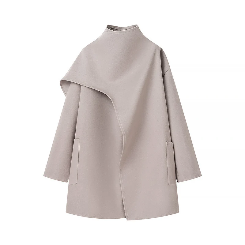 Damen Asymmetrischer Wollmix-Mantel mit Cape-Überwurf und Stehkragen Nord Taschen