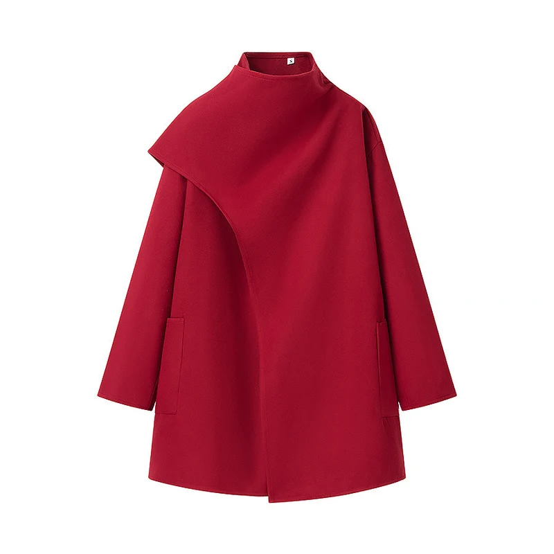 Damen Asymmetrischer Wollmix-Mantel mit Cape-Überwurf und Stehkragen Nord Taschen