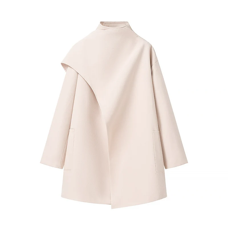 Damen Asymmetrischer Wollmix-Mantel mit Cape-Überwurf und Stehkragen Nord Taschen