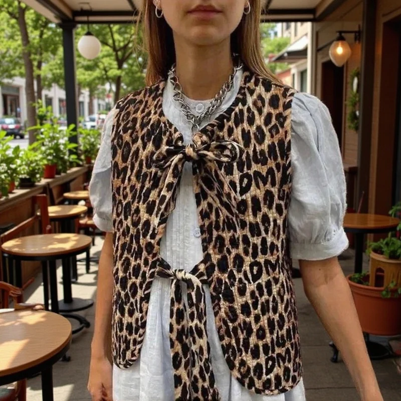 Damen Ärmellose Leoparden-Print-Weste mit Bindeschleifen und strukturierter Oberfläche Nord Taschen