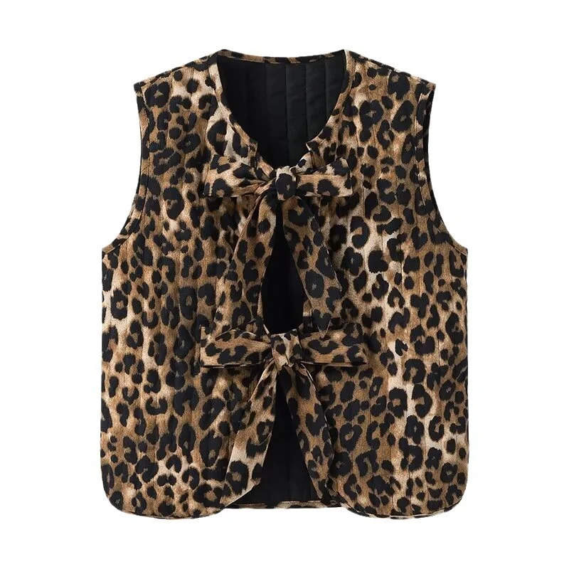 Damen Ärmellose Leoparden-Print-Weste mit Bindeschleifen und strukturierter Oberfläche Nord Taschen