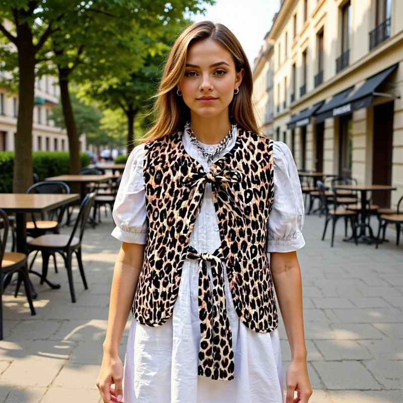 Damen Ärmellose Chiffon-Bluse mit Leopardenprint und doppelter Schleifenfront Nord Taschen