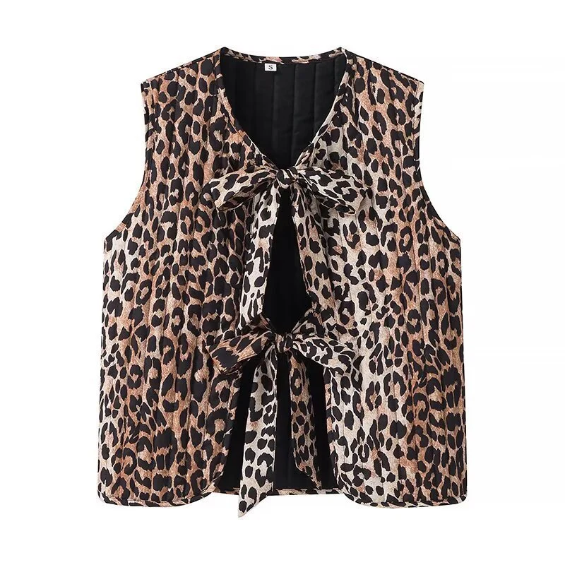 Damen Ärmellose Chiffon-Bluse mit Leopardenprint und doppelter Schleifenfront Nord Taschen