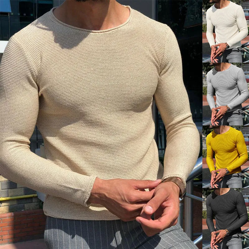 Herren Schmal geschnittener Strukturstrick-Langarmpullover mit Rundhalsausschnitt Nord Taschen