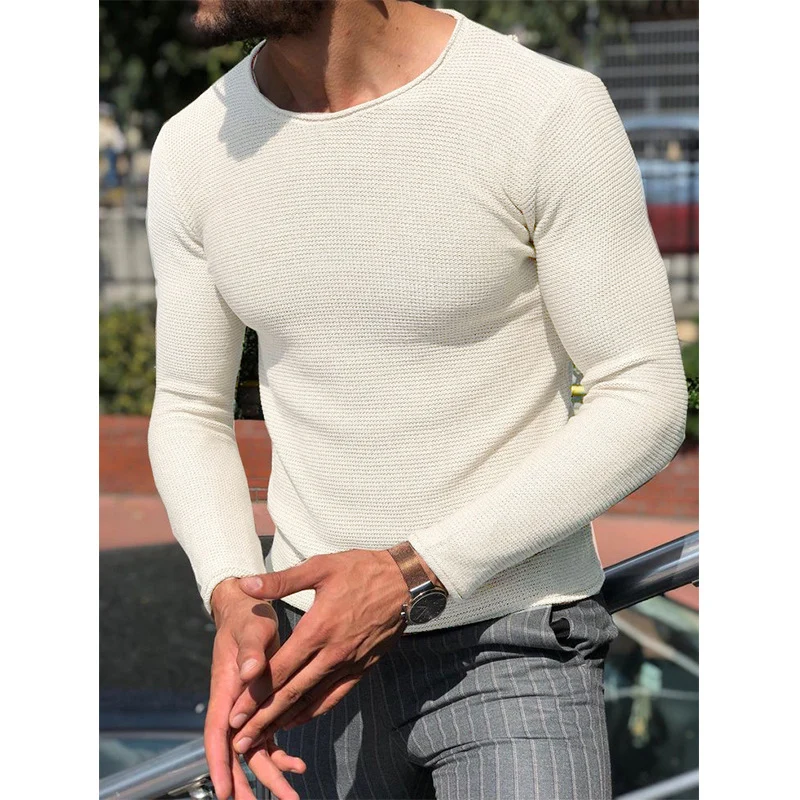 Herren Schmal geschnittener Strukturstrick-Langarmpullover mit Rundhalsausschnitt Nord Taschen