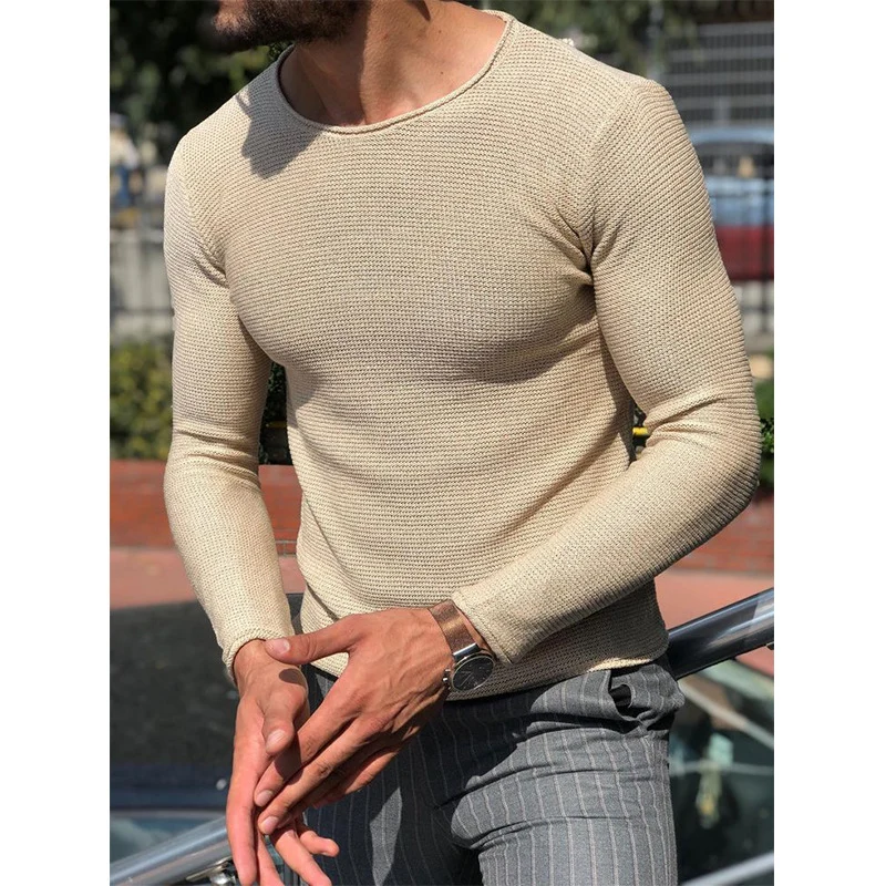 Herren Schmal geschnittener Strukturstrick-Langarmpullover mit Rundhalsausschnitt Nord Taschen