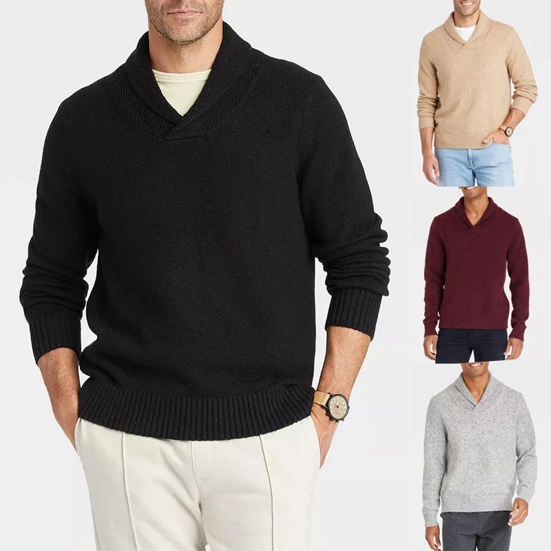Herren Schalkragen-Pullover aus meliertem Feinstrick mit Rippbündchen Nord Taschen